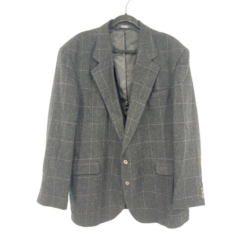Haggar Clothing Co Blazer Mens 46R Gray Wool Windowpane Herringbone Sport Coat‎